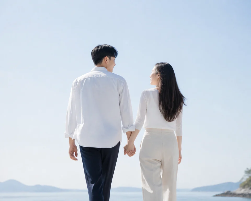 밝은 하늘 아래 함께 걸어가는 두 사람의 뒷모습
