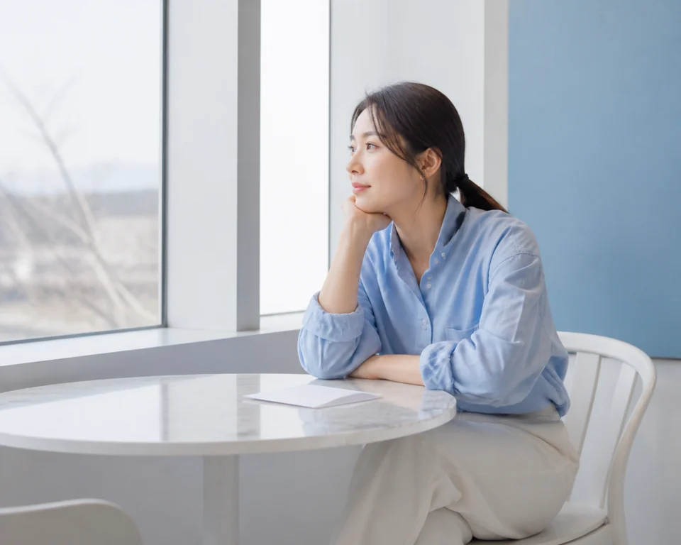 밝은 카페 창가에서 생각에 잠긴 사람