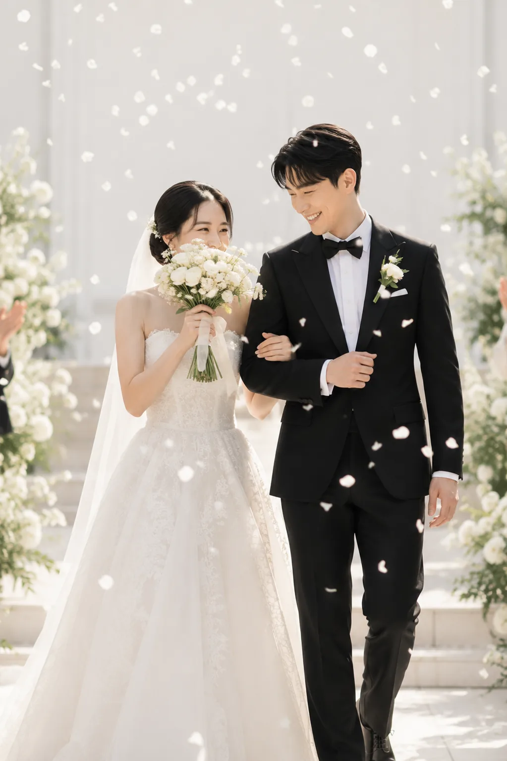 꽃잎이 흩날리는 길을 팔짱 끼고 걸어 나오는 신랑과 신부